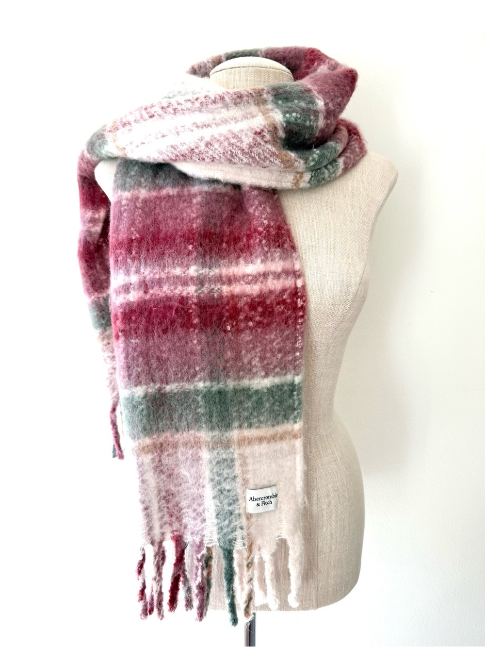 Abercrombie & Fitch Oversized Plaid Blanket Scarf Faux Mohair Mauve Green Cozy